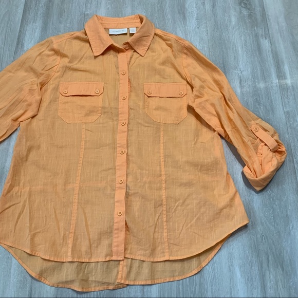 Chico’s Orange Peach Split Back Shirt Sz 2 L - Picture 2 of 8